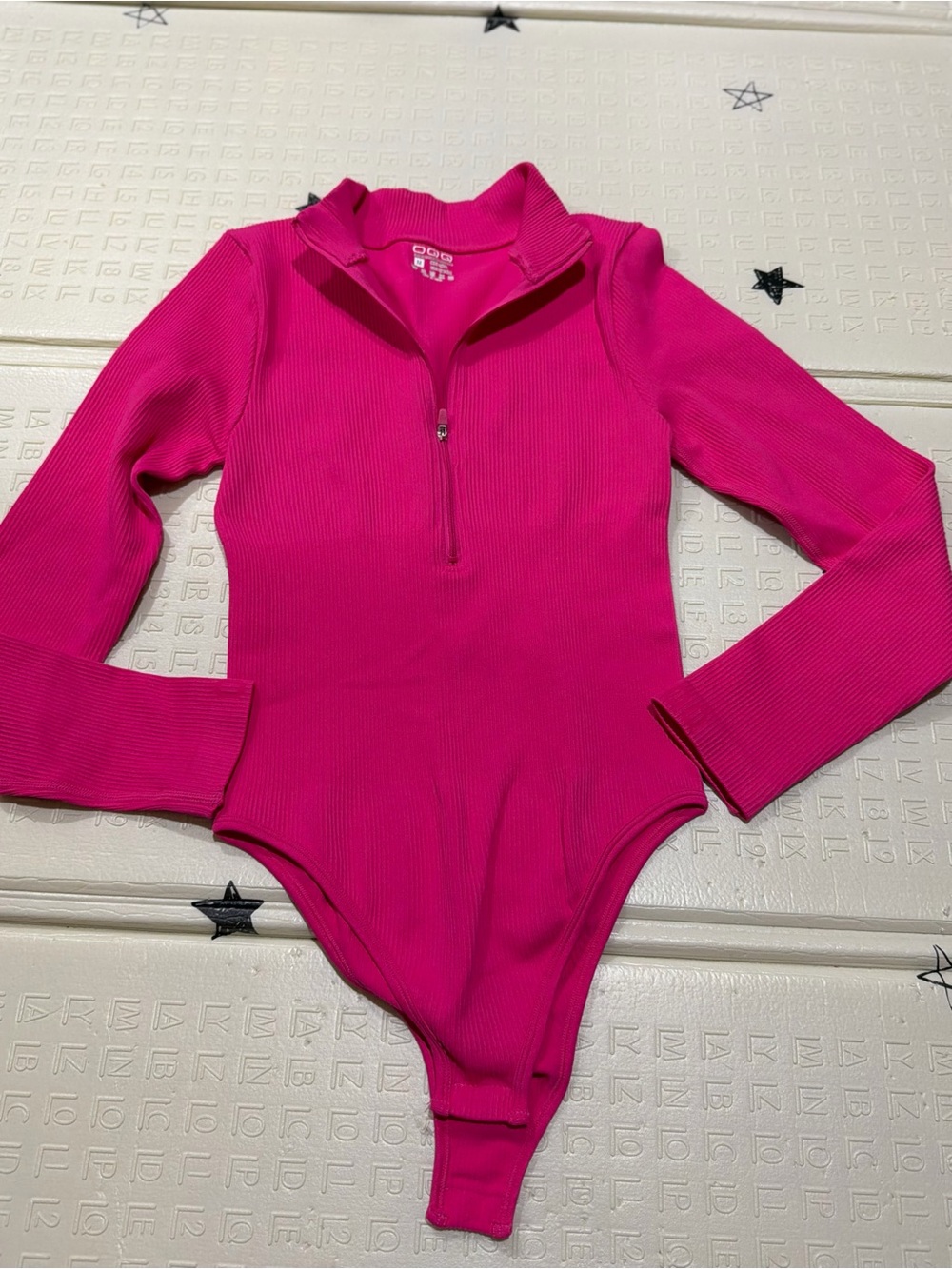 Hot Pink Ribbed Zip-Front One-Piece Bodysuit - Picture 3 of 3